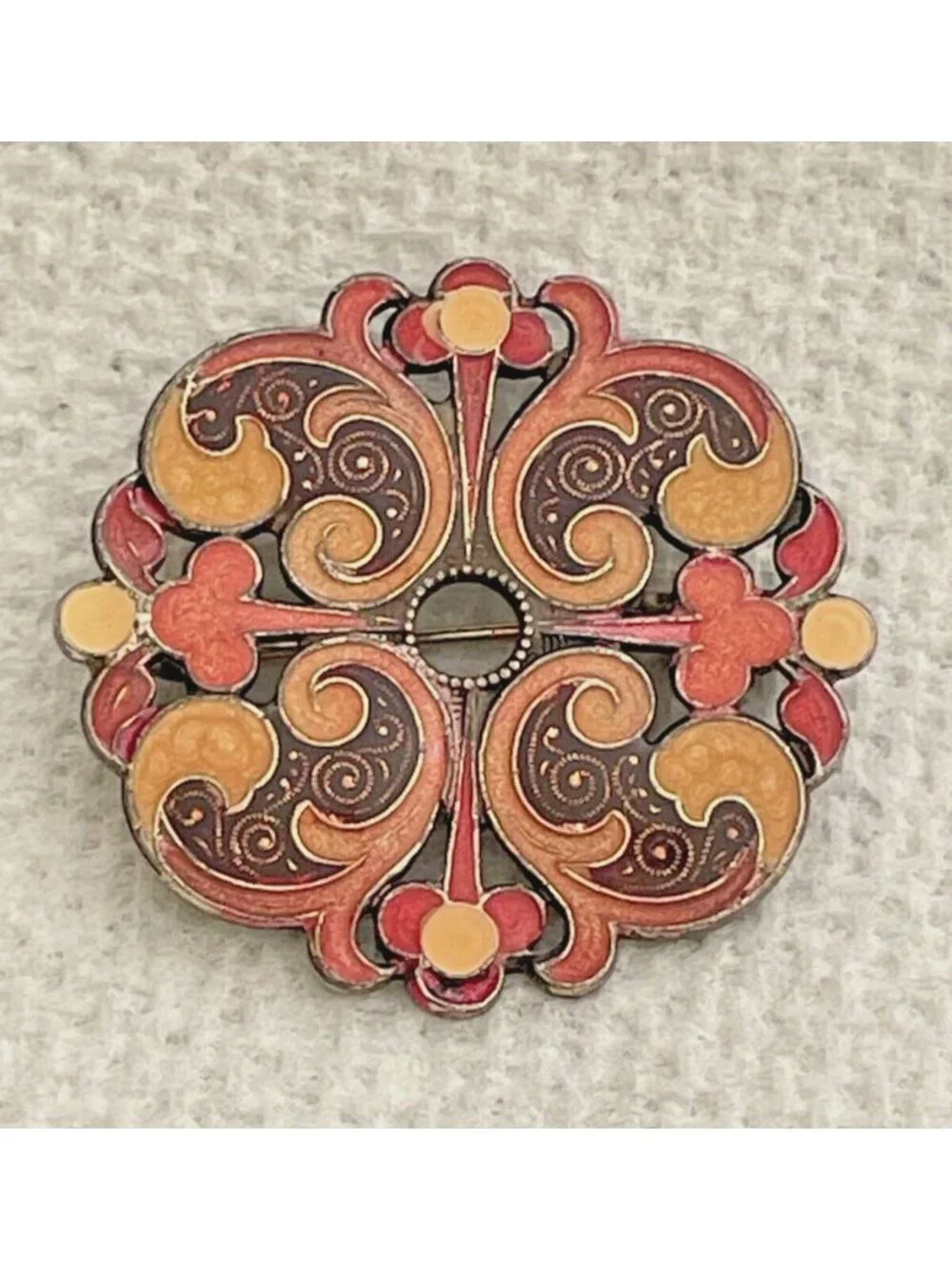 Antique Art Nouveau Celtic Revival Champleve Enamel Trombone Clasp Brooch Pin 1.